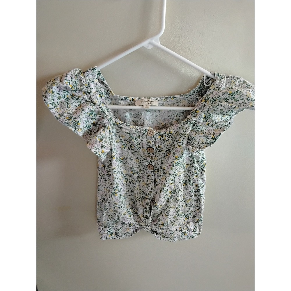 Jessica Simpson Girls Floral Flutter Sleeve Twist Front Top White Yellow L 12‎